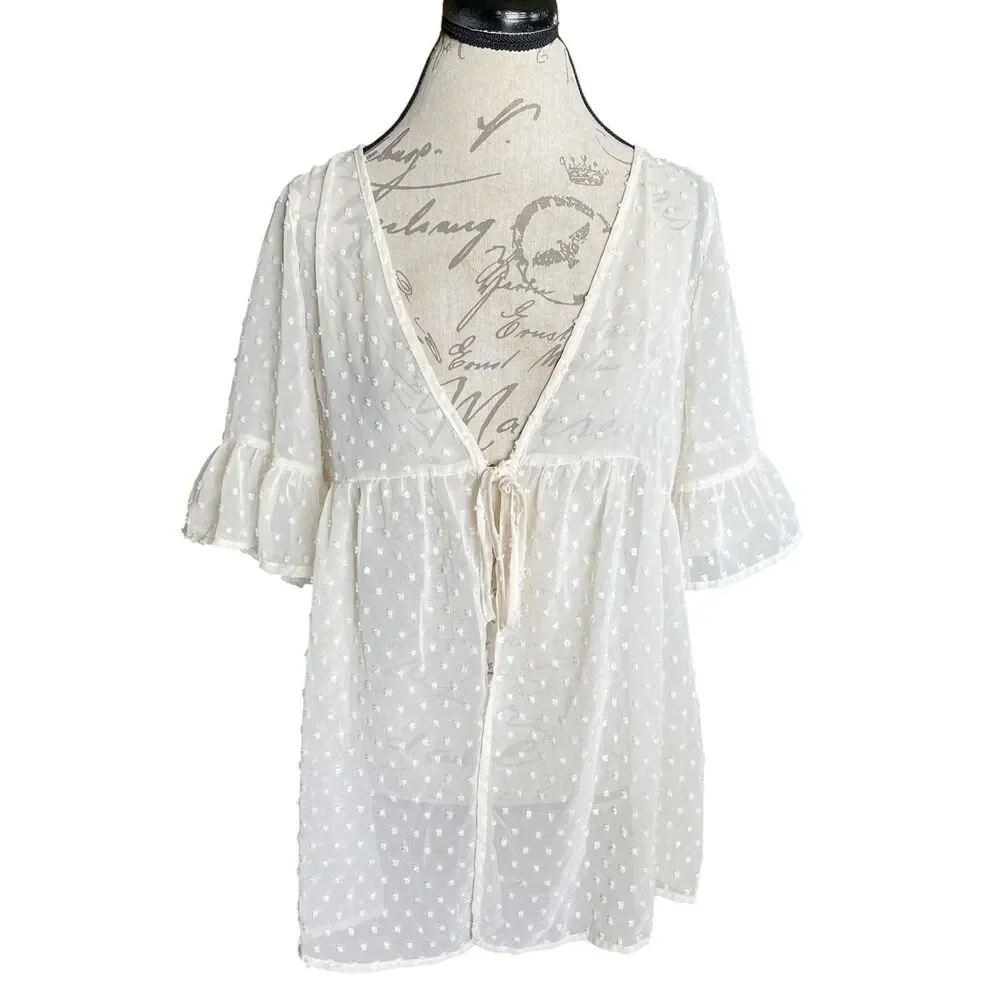 Women's Swiss-Dot Sheer Tie Front Flutter Short Sleeve Swim Coverup Sheer Ivory